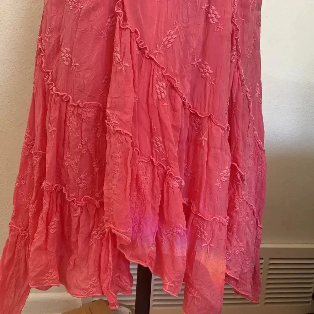 JOHNNY Was sz M ruffled embroidered pink strap dress gorgeous color beachy - Picture 4 of 9